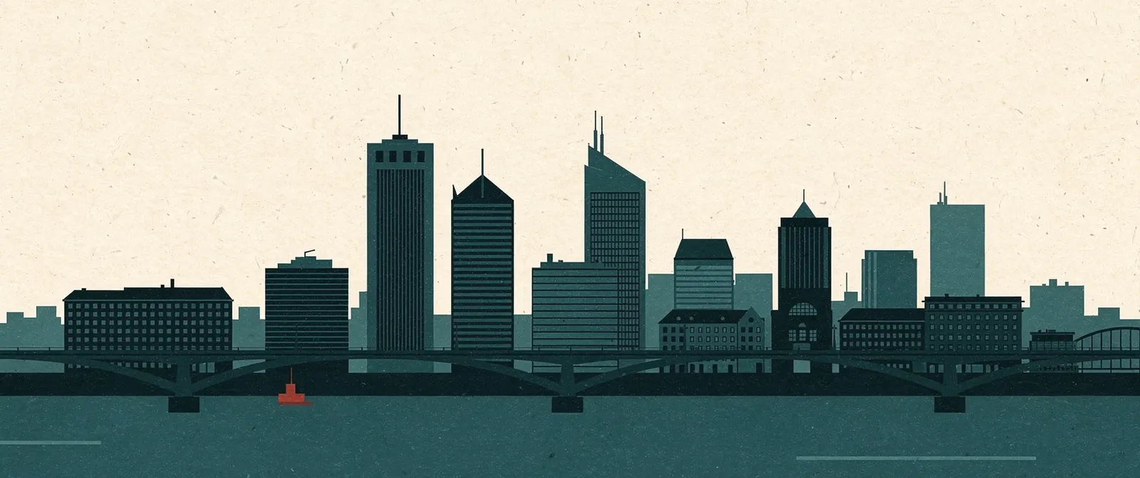 Stilisierte Illustration einer Skyline am Fluss